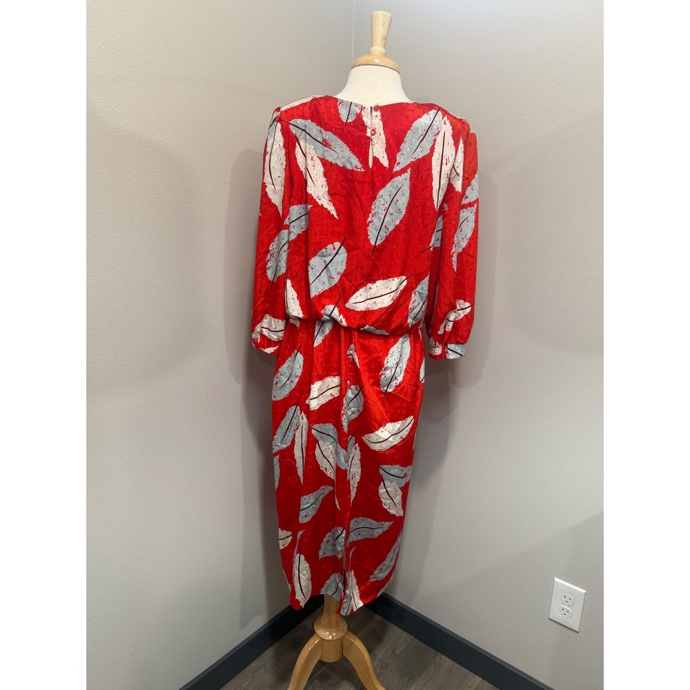 Vintage Lori Max New York Feather Print Dress Plus Size 18 1/2 Red Blouson 80s